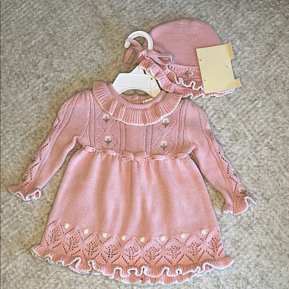 Cynthia Rowley Soft Pink Knit Baby Dress with Ruffle Collar